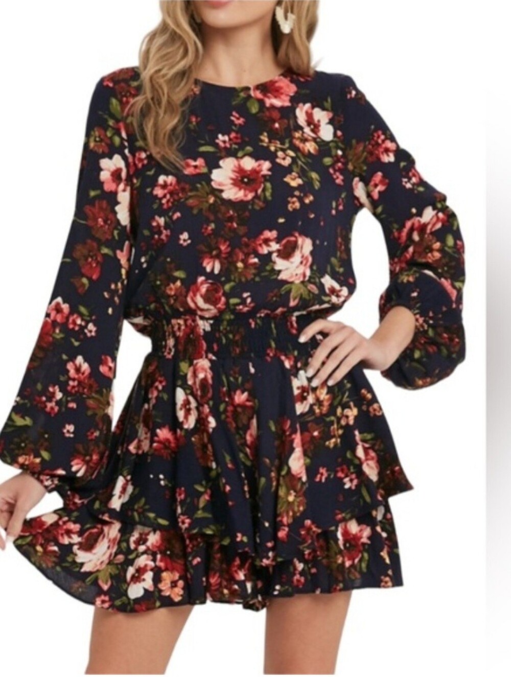 Bluivy Navy Floral Long-Sleeve Tiered Mini Dress